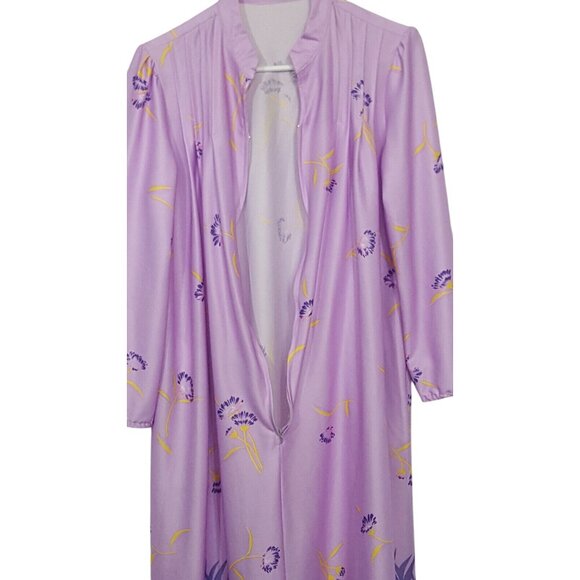 Vintage 1970s Floral Print Robe House Dress Zip Front Medium Purple Border Print - Picture 4 of 5